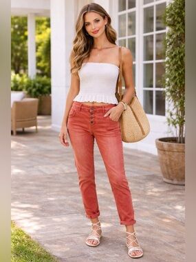 Esprit Red Straight Leg Jeans Button Fly Size 30 Distressed Mid Rise